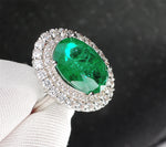 GREEN EMERLAD RING Magnificent Halo Ring Exotic Vivid Green Glow Color Ring MAY Birthstone 18K White Gold Plated