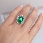 GREEN EMERLAD RING Magnificent Halo Ring Exotic Vivid Green Glow Color Ring MAY Birthstone 18K White Gold Plated