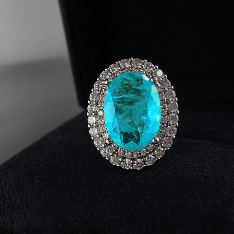 BLUE PARAIBA TOURMALINE Ring Magnificent Bicolor Halo Ring Art Deco Style Exotic Neon Vivid Blue Color & Glow Ice Blue Color Ring 18KGP