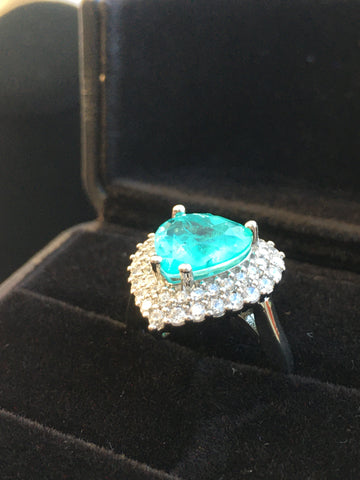 BLUE PARAIBA TOURMALINE Ring Magnificent Bicolor Halo Heart Ring