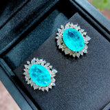 BLUE PARAIBA TOURMALINE Halo Earring Magnificent Earring Art Deco Style Exotic Neon Vivid Blue Color & Glow Ice Blue Color Earring